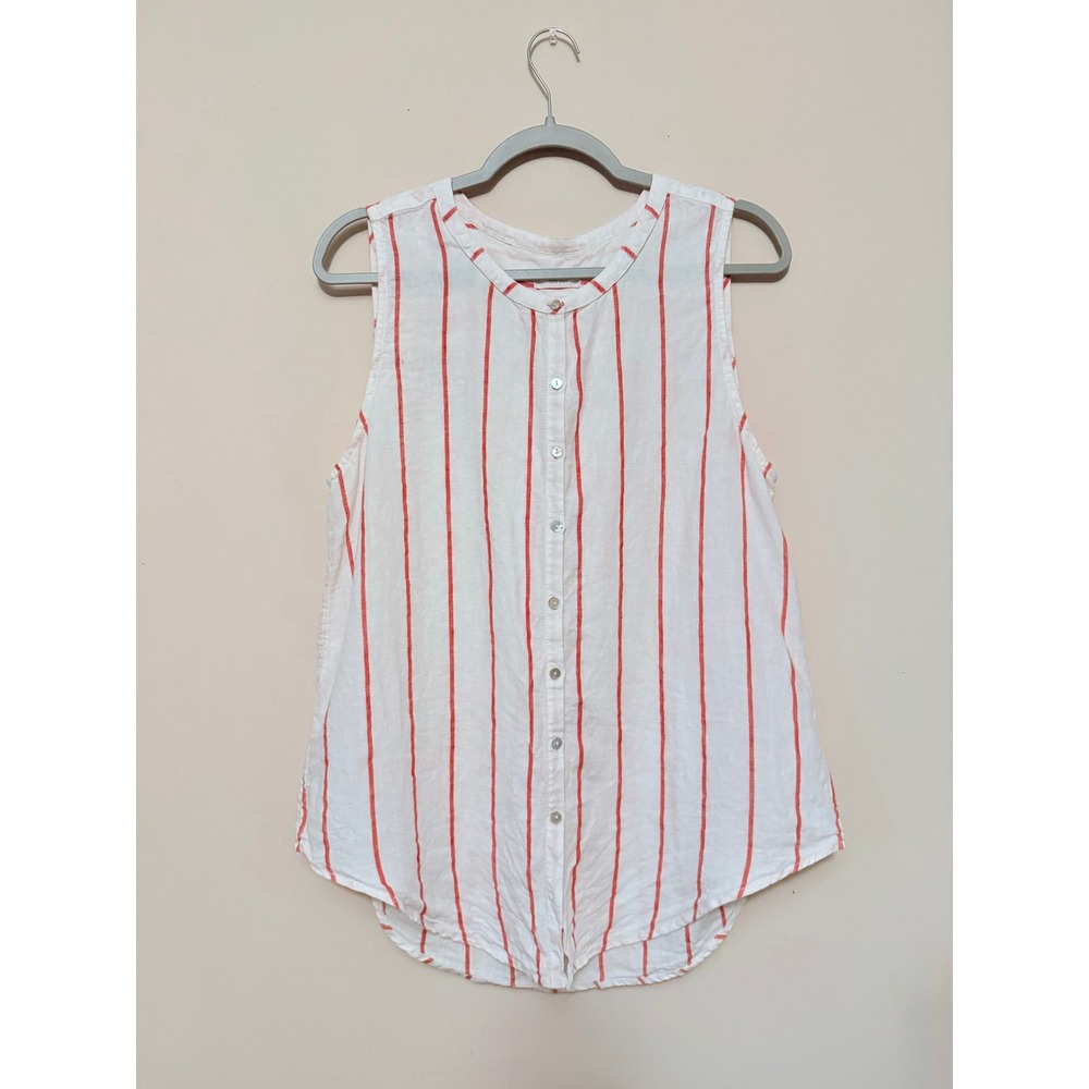 C&C California 100% Linen Striped Sleeveless Button Down Top Large White Red